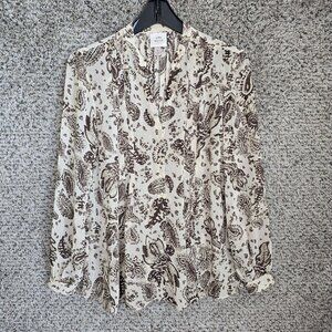 Knox Rose Top Womens XS Brown Paisley Print Sheer‎ Button Up Blouse Ladies